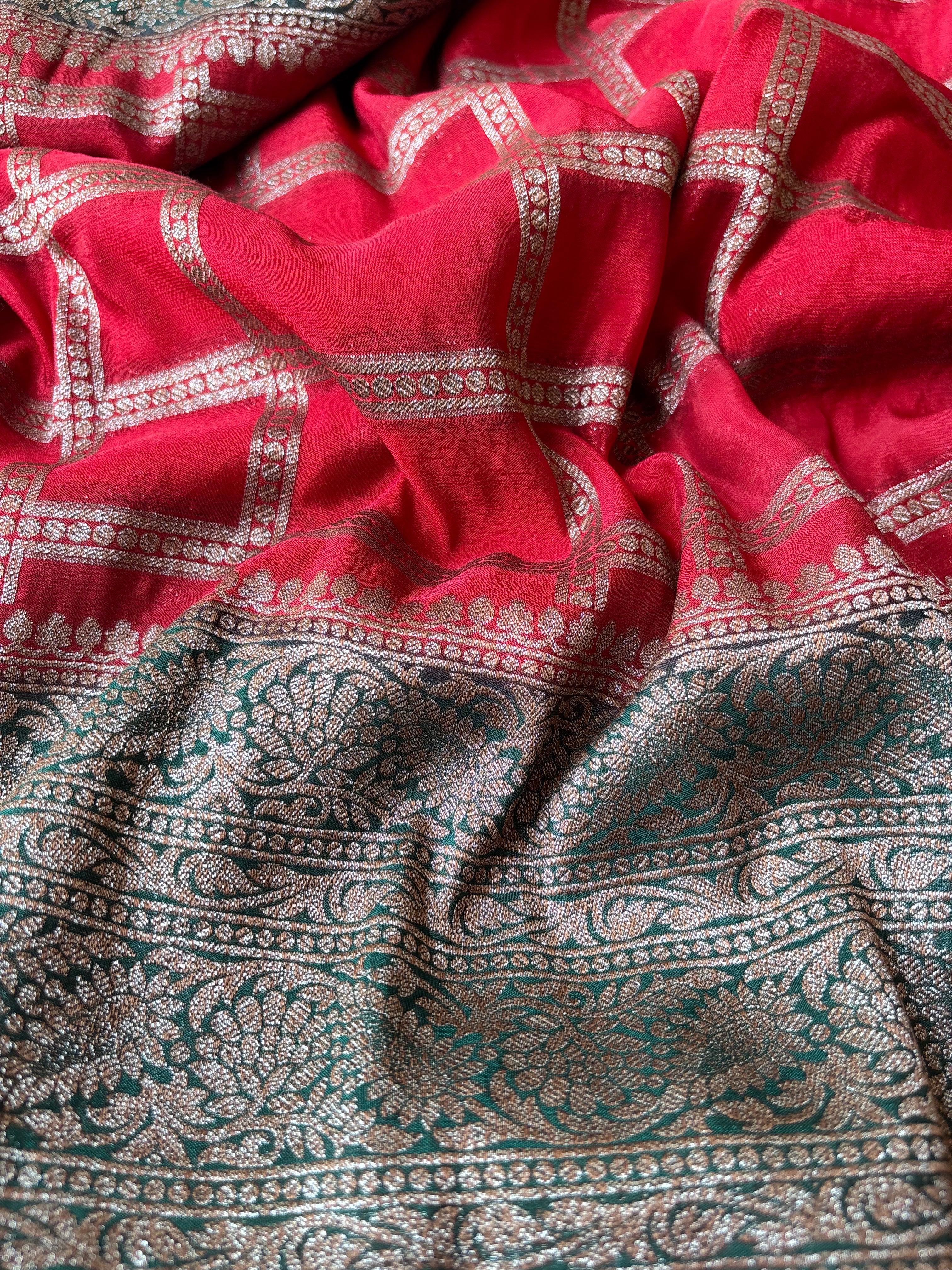Red with Dark Green semi banaras Saree